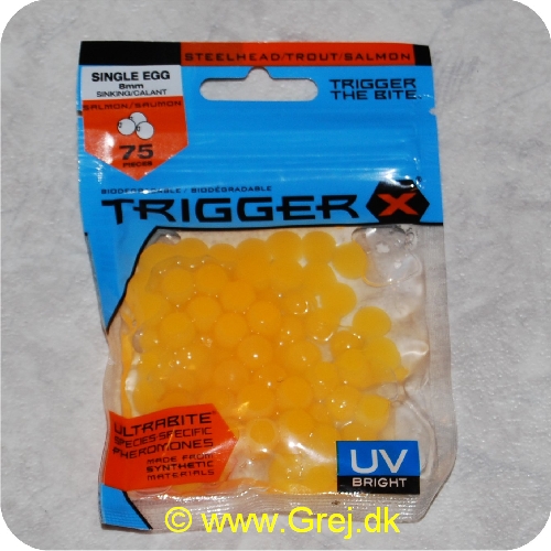 022677202242 - Trigger X Salmon Egg SNT - 75 stk æg m/diameter på 8 mm - æggene er bløde og synker langsomt - Biologisk nedbrydelig - UV farver - Leveres i pose med væske - Gule