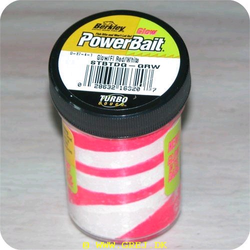 028632163207 - PowerBait med glimmer - FLUORESCENT RED / WHITE - GLOW 42% stærkere
Billedet nr.2 er taget med UV-lygte.