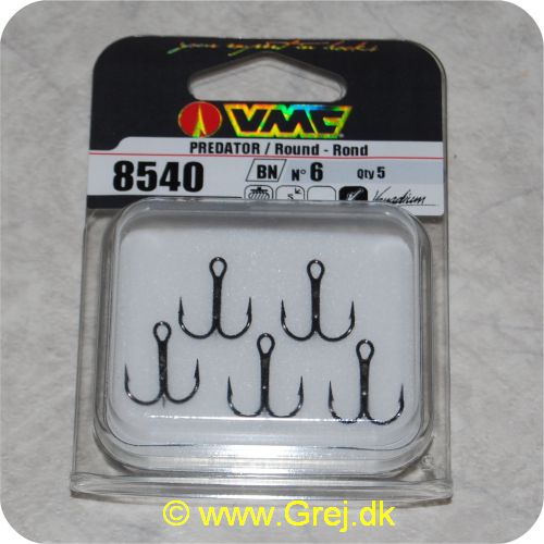 3359222765448 - VMC trekroge str. 6 - 8540 - 5 stk - BN - Til de fleste former for spinnefiskeri - Stærk blanding af stål og Vanadium giver en af de stærkeste og skarpeste kroge. man kan opdrive