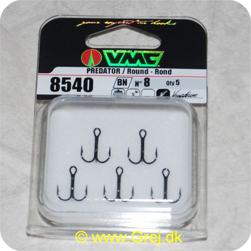 3359222766445 - VMC trekroge str. 8 - 8540 - 5 stk - BN - Til de fleste former for spinnefiskeri - Stærk blanding af stål og Vanadium giver en af de stærkeste og skarpeste kroge. man kan opdrive