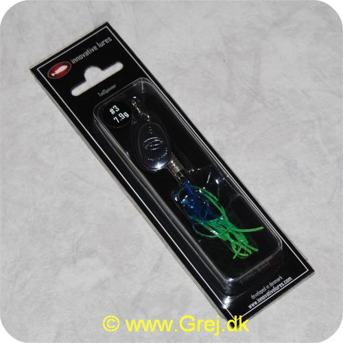 5704241000489 - Innovativelures Wriggle Tail - Str. 3/ 7.9 gram - Sølv med blå/grøn hale - Fremragende til at jig-spinfiske ørreder. aborre i søer eller havørreder og laks i åen. - Ved jævnligt at bruge spinstop og nøkkende bevægelser bliver spinneren til en uimodståelig jig.