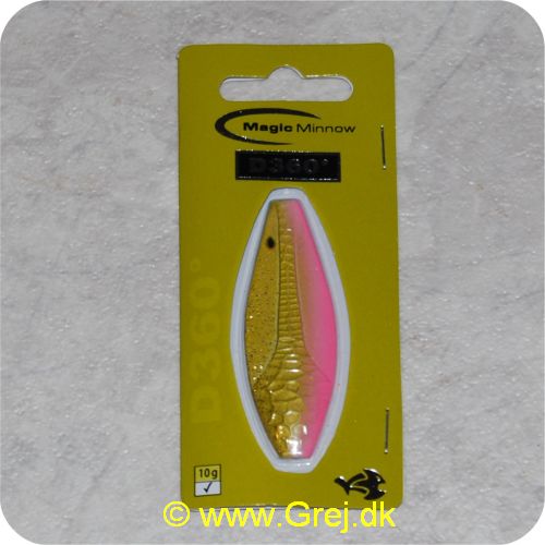 5707549272190 - Magic Minnow D360 grader - 10 gram - Mykiss - Materiale: Zink - Guld/lyserød - 5.5 cm lang - Den har en irregulær aktion i vandet. som tiltrækker fiskene