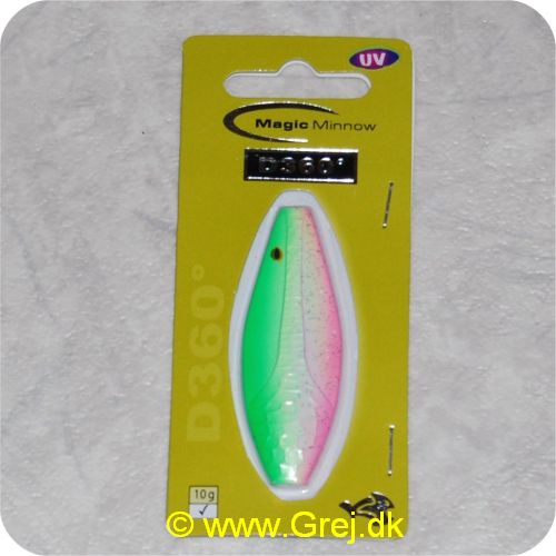 5707549272220 - Magic Minnow D360 grader - UV hottie - 10 gram - Rainbow Treasure - Materiale: Zink - Lysgrøn/gul/pink - 5.5 cm lang - Den har en irregulær aktion i vandet. som tiltrækker fiskene - lyser i vandet