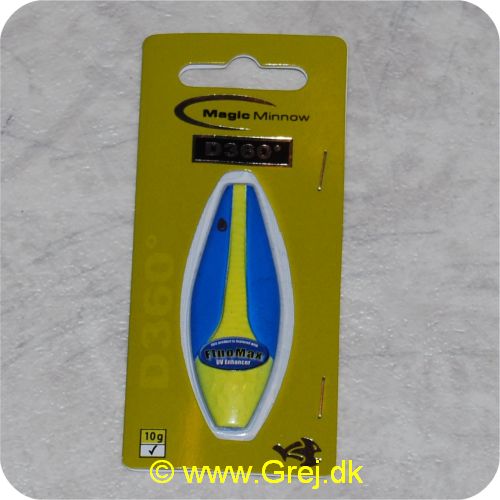5707549272251 - Magic Minnow D360 grader - 10 gram - Sweden - Materiale: Zink - Blå/gul - 5.5 cm lang - Den har en irregulær aktion i vandet. som tiltrækker fiskene