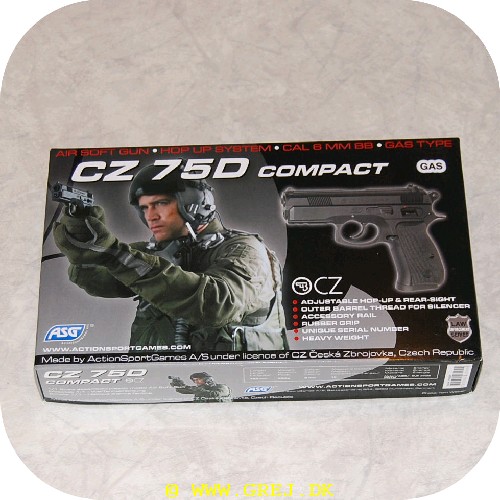 5707843031899 - Pistol CZ 75D Compact - Type: Gas - Vægt 582 gram - Skyder ca. 71m/sek. - Cal. 6 mm - Plads til 15 skud i magasin.<BR>
<BR>
Der medfølger en lille flaske med skud.<BR>
Tjekkiske CZ pistoler anvendes af forsvar, politikorps og sikkerhedsenheder i en lang række lande på grund af deres kvalitet og aldrig svigtende funktionalitet. CZ 75D Compact havde verdenspremiere på våbenmessen IWA 2008, og både den ægte vare og Hardball udgaven er masterpieces i design og funktionalitet.<BR>
<BR>
Se mere tilbehør og store flasker med kugler i undermenuen : Hardball - Airsoft tilbehør<BR>
<BR>
ASG laver hardball våben i meget høj kvalitet, de er lavet efter tegningerne fra de originale våben og med licens fra de originale våben fabrikanter så alt er tilpasset virkligheden så meget som overhovedet muligt.<BR>
Tag ikke fejl af denne fabrikat og de mange *Plastic* Hardball våben producenter som ikke kan holde. Denne fabrikat giver garanti på produkterne og er blandt markedets bedste.<BR>
<BR>
Disse våben må kun sælges til personer over 18 år. Du accepter ved bestilling at du er over 18 år.