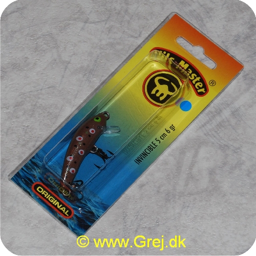 6416311508649 - Master Wobler Invincible - 5 cm - 6 gram - Farve 864 Brunlig/hvide/røde og sorte prikker - Denne wobler er som alle Nils Master Wobler testet og kvalitetskontrolleret samt finjusteret i hånden og tank-testet før de pakkes. - Dette er en af de gode klassiker som er ideel til at fange drømmefisken.
