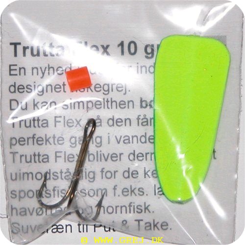 8702 - Trutta Flex - 10 gram - Grøn/Gul<BR>En nyhed indenfor individuel designet fiskegrej.<BR>Du kan simpelthen BøJE Trutta Flex så den får den perfekte gang i vandet.<BR>Trutta Flex bliver dermed totalt uimodståelig for de kendte sportsfisk som f.eks. laks. havørred og hornfisk.<BR>Suveræn til Put & Take.