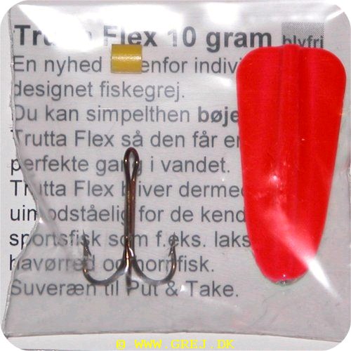 8705 - Trutta Flex - 10 gram - Rød/Grøn - Med Krogkappe<BR>En nyhed indenfor individuel designet fiskegrej.<BR>Du kan simpelthen BøJE Trutta Flex så den får den perfekte gang i vandet.<BR>Trutta Flex bliver dermed totalt uimodståelig for de kendte sportsfisk som f.eks. laks. havørred og hornfisk.<BR>Suveræn til Put & Take.