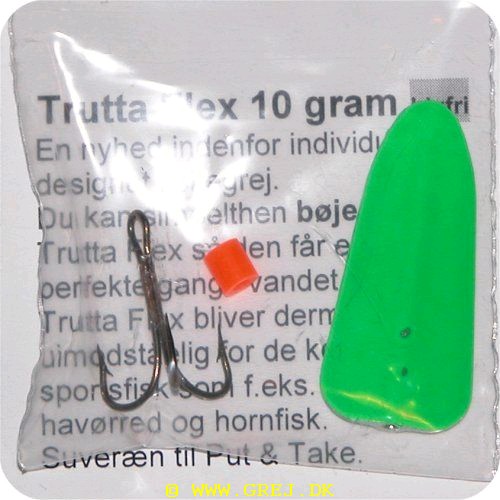 8706 - Trutta Flex - 10 gram - Grøn/Hvid<BR>En nyhed indenfor individuel designet fiskegrej.<BR>Du kan simpelthen BøJE Trutta Flex så den får den perfekte gang i vandet.<BR>Trutta Flex bliver dermed totalt uimodståelig for de kendte sportsfisk som f.eks. laks, havørred og hornfisk.<BR>Suveræn til Put & Take.